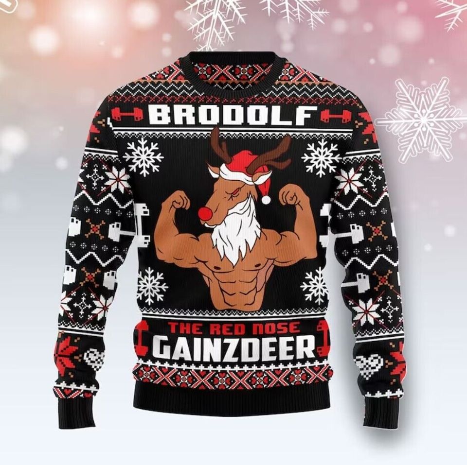 The Red Nose Reindeer Gym Ugly Christmas Sweater, Funny Gym 3D Xmas Ugly Sweater