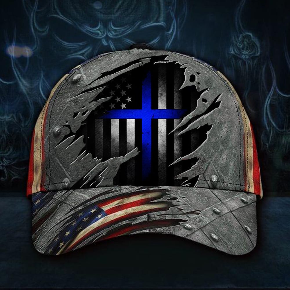 Thin Line Blue Cross American Flag Hat Men Women Law Enforcement Hats Gifts For Cops Trucker Hats Custom Hats Gifts For Men & Women