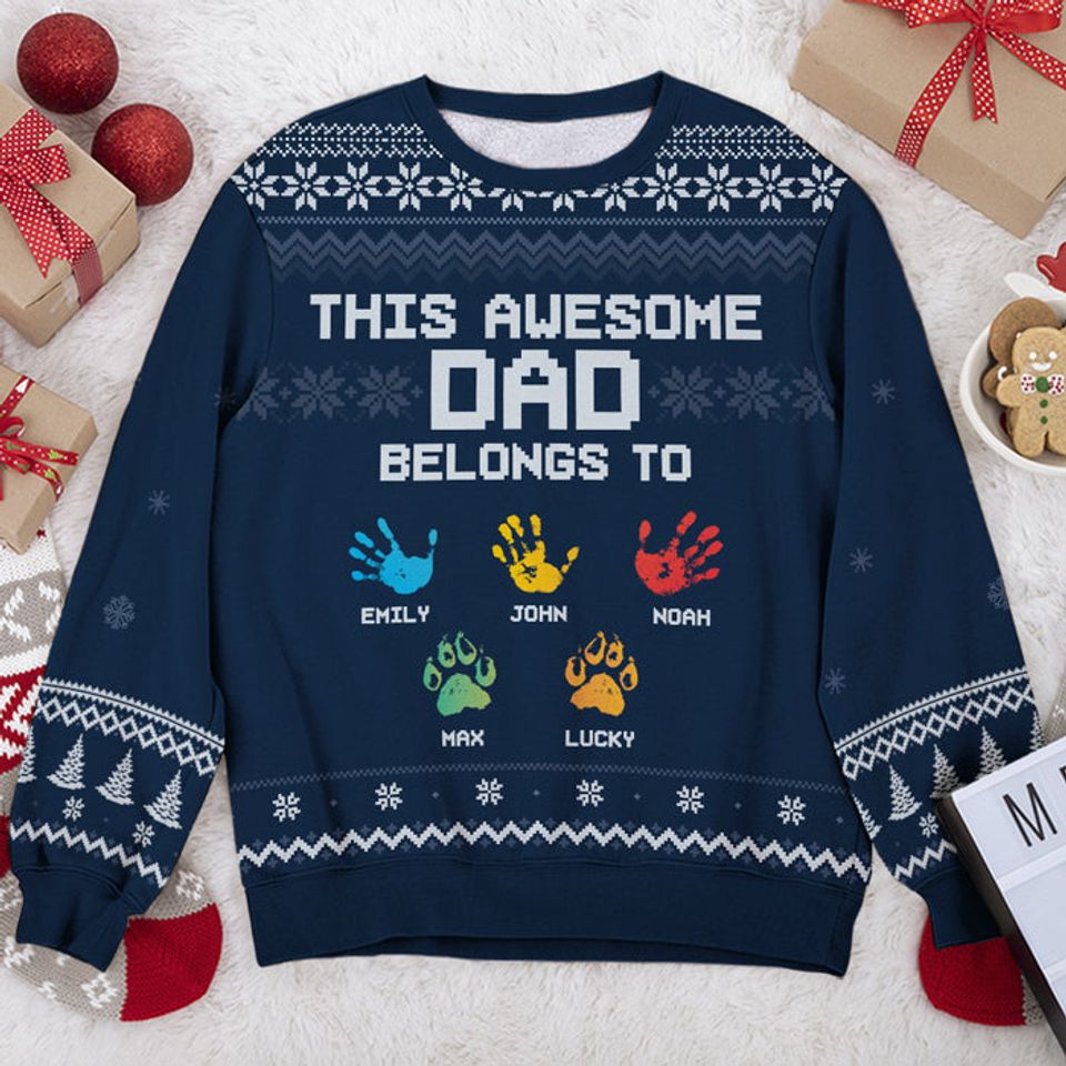 This Awesome Dad Belongs To - Personalized Custom Unisex Ugly Christmas Sweatshirt - Gift For Dad
