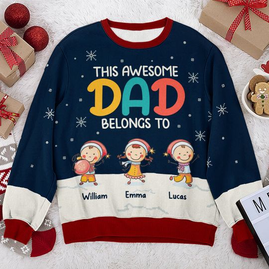This Awesome Dad Family Xmas Gift Personalized Unisex Ugly Christmas Wool Sweatshirt - Image 4
