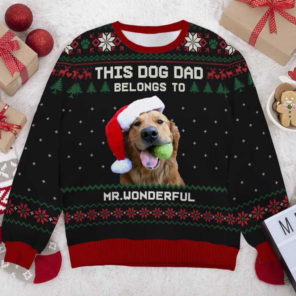 This Dog Dad Belongs To - Personalized Custom Unisex Ugly Christmas Sweatshirt - Upload Image, Gift For Dog Lovers, Pet Lovers