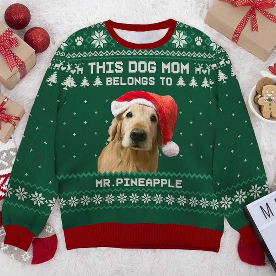 This Dog Mom Belongs To - Personalized Custom Unisex Ugly Christmas Sweatshirt - Upload Image, Gift For Dog Lovers, Pet Lovers