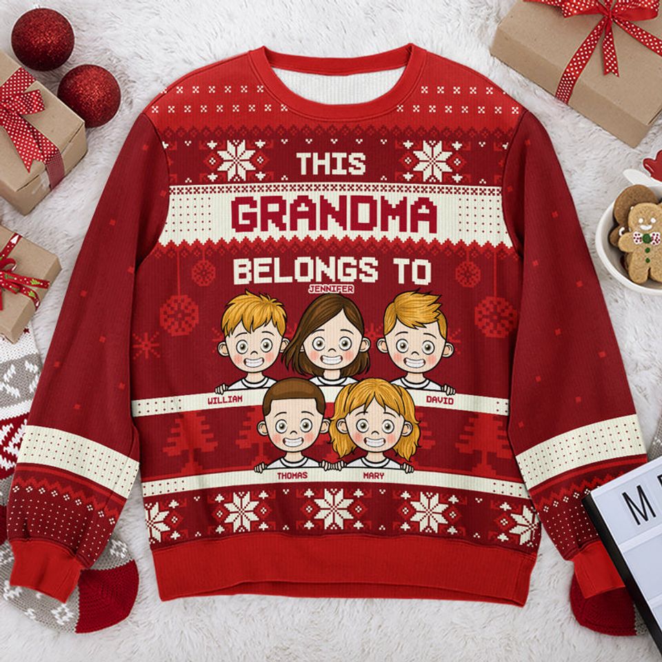 This Grandma Belongs To Red Style - Family Personalized Custom Ugly Sweatshirt - New Arrival Christmas Gift For Grandma, Grandparents