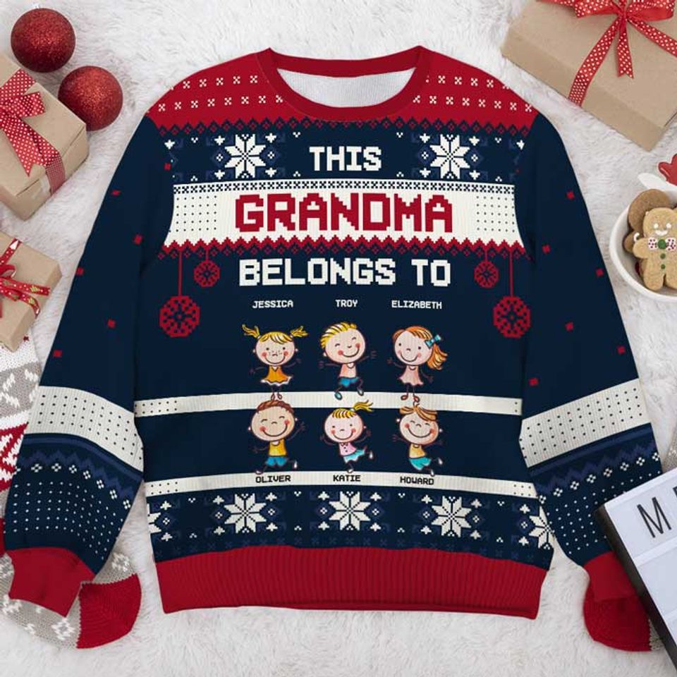 This Grandma Belongs To These Awesome Kids - Family Personalized Custom Ugly Sweatshirt - Christmas Gift For Grandma, Grandparents