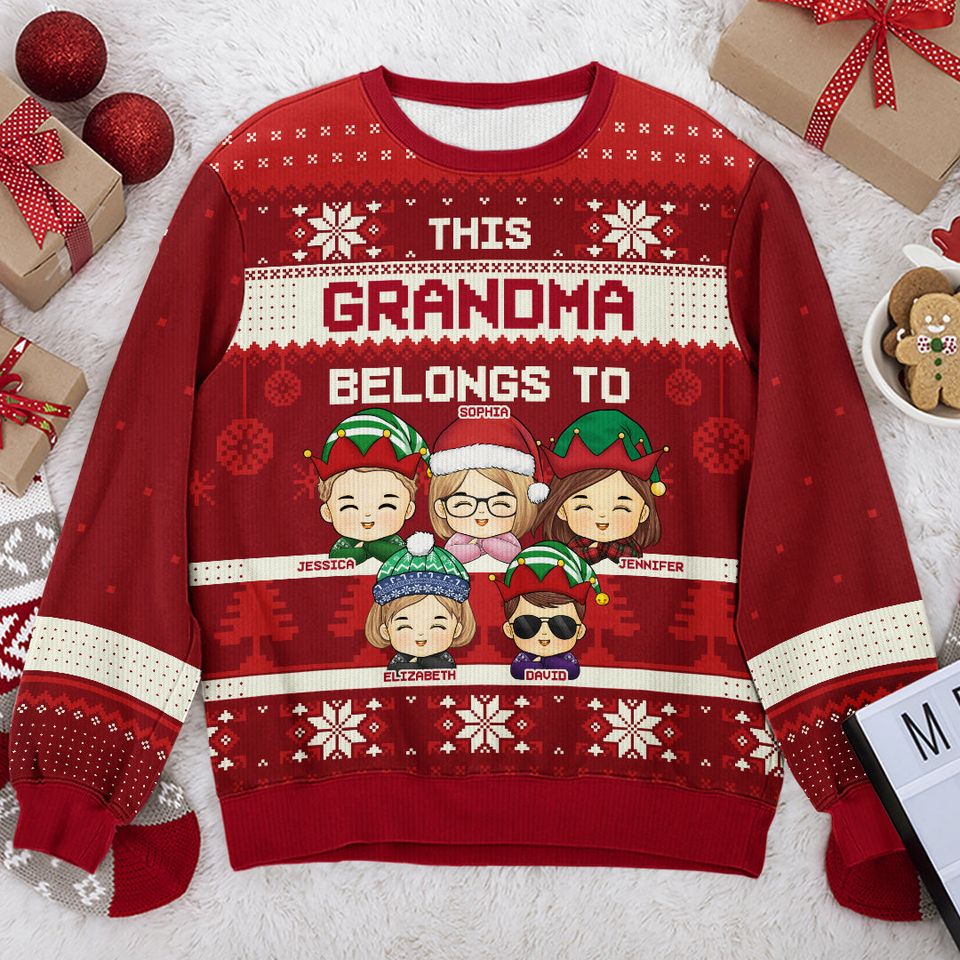This Grandma Belongs To These Kids - Family Personalized Ugly Sweatshirt - Christmas Gift For Grandma, Grandpa