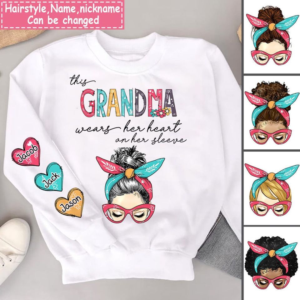 This Grandma Wears Her Heart On Her Sleeve And Sweet Heart Grandkids 3D Sweater