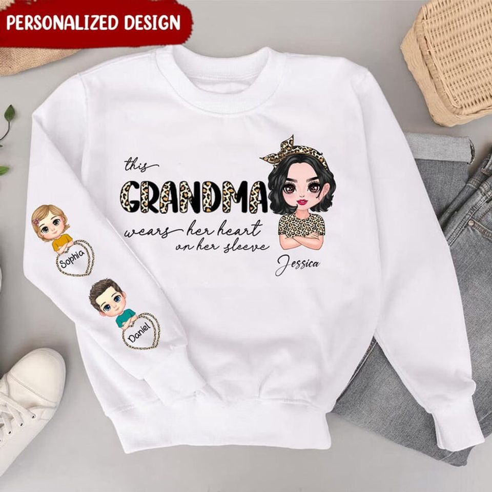 This Grandma Wears Her Heart On Her Sleeve Half Leopard Personalized 3D Sweater