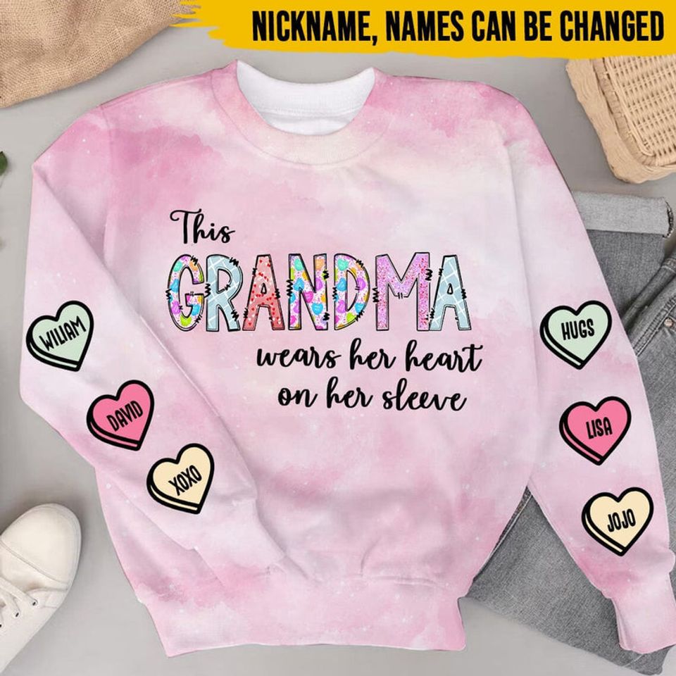 This Grandma wears her heart on her sleeve personalized 3d sweater for Nana Mama Auntie