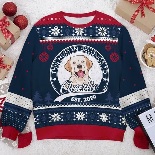 This Human Belongs To - Personalized Custom Unisex Ugly Christmas Sweatshirt - Upload Image, Gift For Dog Lovers, Pet Lovers - Image 4
