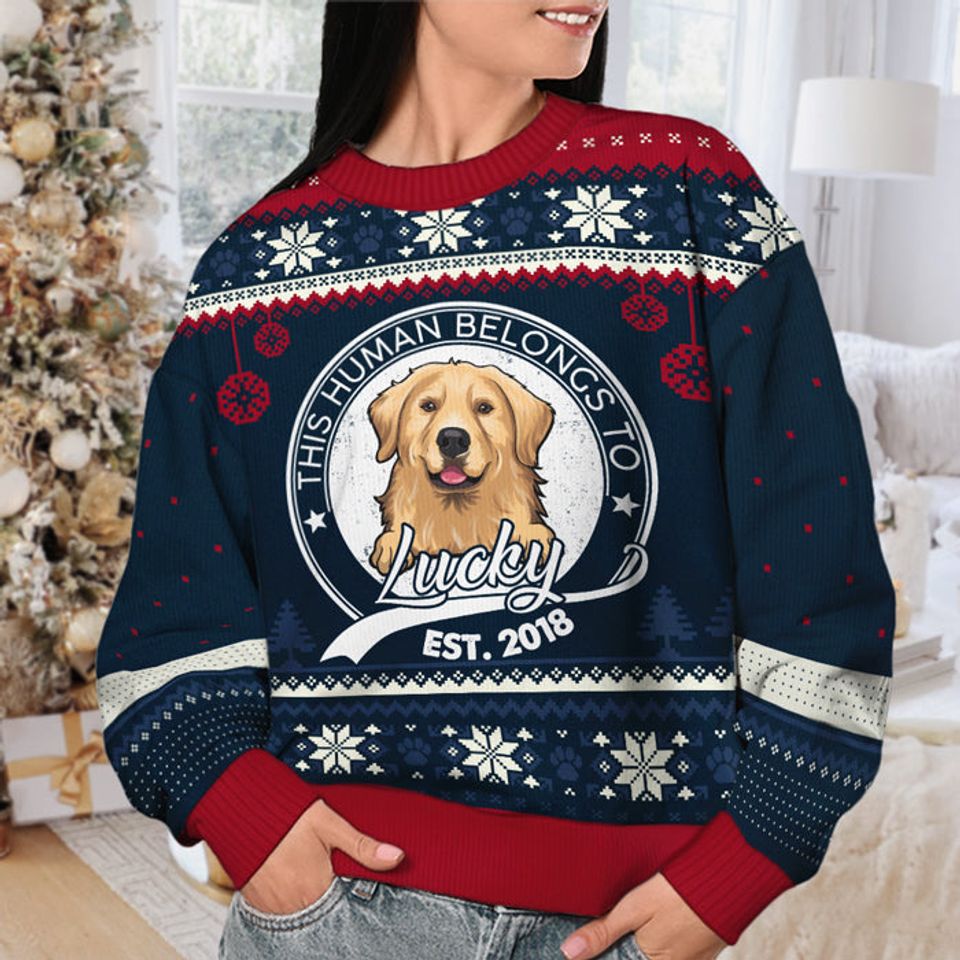 This Human Belongs To - Personalized Custom Unisex Ugly Christmas Sweatshirt - Upload Image, Gift For Dog Lovers, Pet Lovers - Image 3