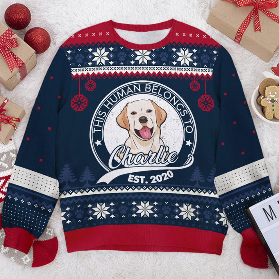 This Human Belongs To - Personalized Custom Unisex Ugly Christmas Sweatshirt - Upload Image, Gift For Dog Lovers, Pet Lovers