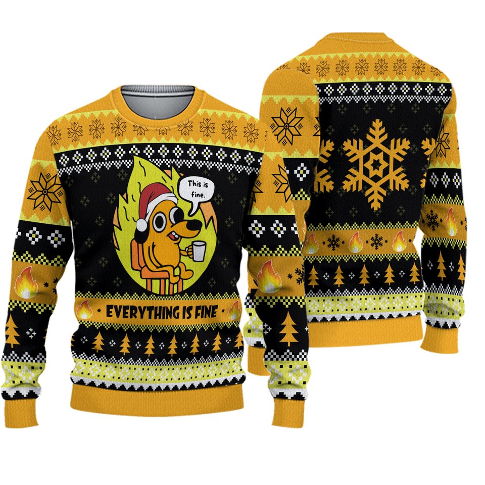 This is Fine Meme Christmas Ugly Sweater Funny Holiday Meme Gift