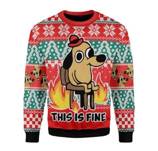 This Is Fine Meme Ugly Christmas Sweater - Image 3