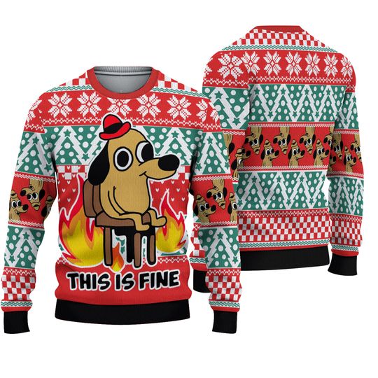 This Is Fine Meme Ugly Christmas Sweater, Cute Dog Meme Tee, Dog Lover Xmas Gift - Image 2