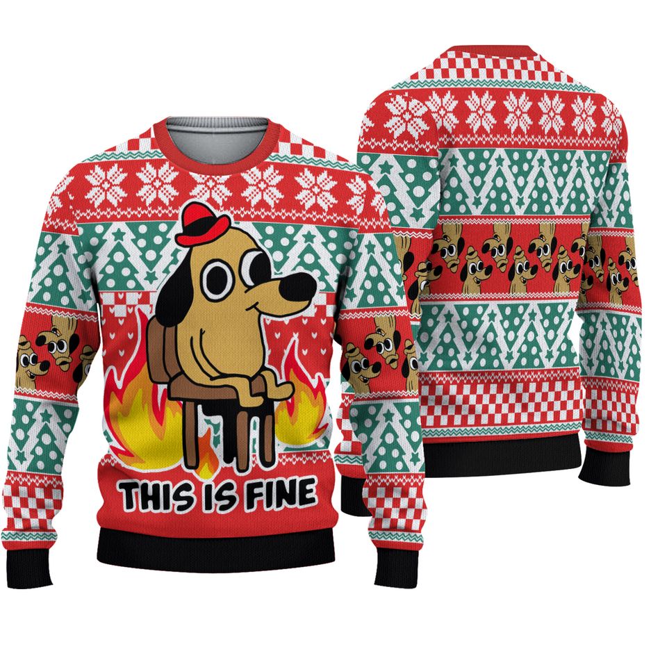 This Is Fine Meme Ugly Christmas Sweater, Cute Dog Meme Tee, Dog Lover Xmas Gift