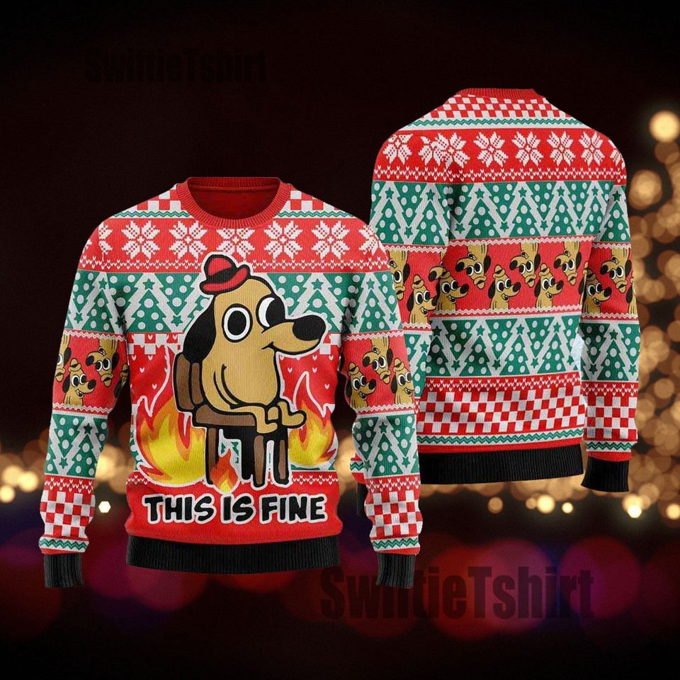 This Is Fine Meme Ugly Christmas Sweater, Cute Dog Meme Tee, Dog Lover Xmas Gift