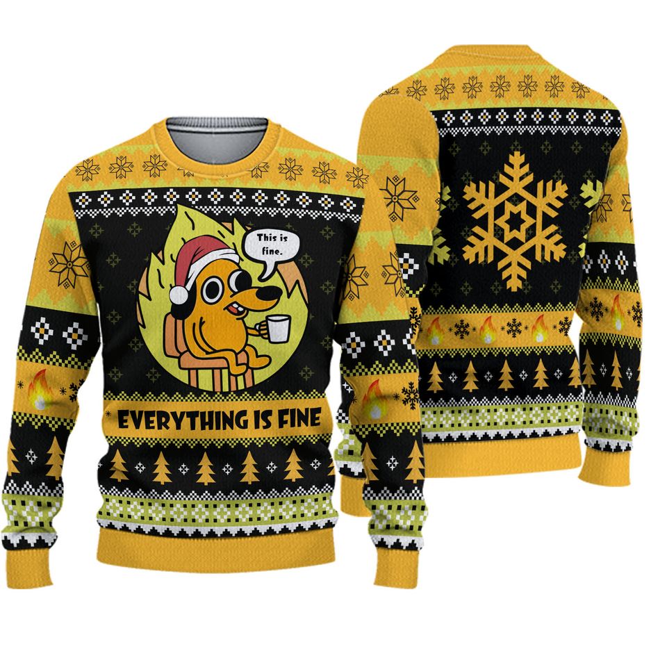 This Is Fine Meme Ugly Christmas Sweater, Funny Dog Meme Kid Adult Sweater