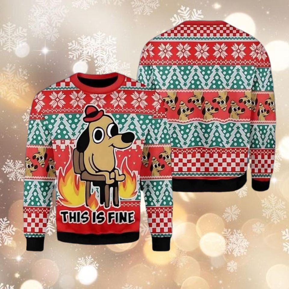 This Is Fine Meme Ugly Christmas Sweater, Funny Dog Meme Sweater