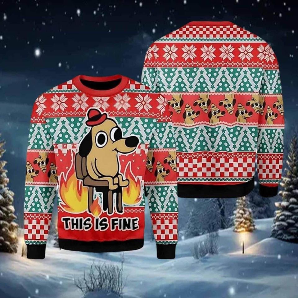 This Is Fine Meme Ugly Christmas Sweater, Funny Dog Meme Sweater