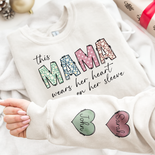 This Mama Wear Her Heart On Her Sleeve - Up To 20 Kids - Personalized Sweatshirt - Image 2