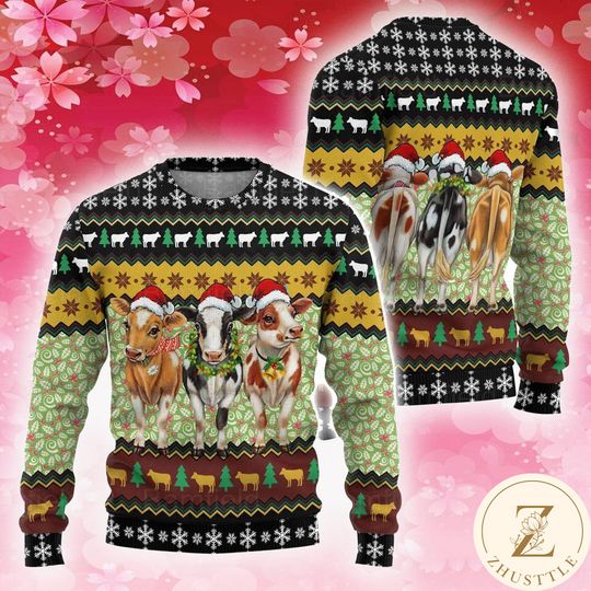 Three Cows Ugly Christmas Sweater, Farmer Christmas Sweater - Image 2