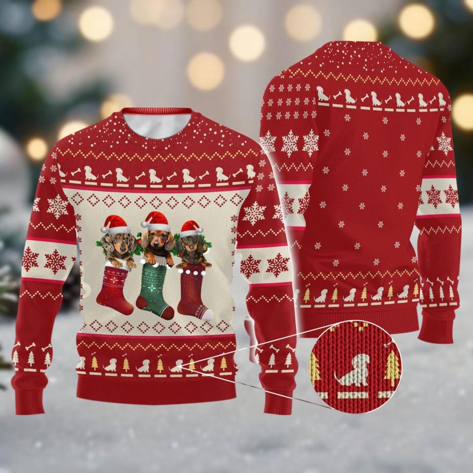 Three Dachshund Dog In Xmas Sock Ugly Sweater