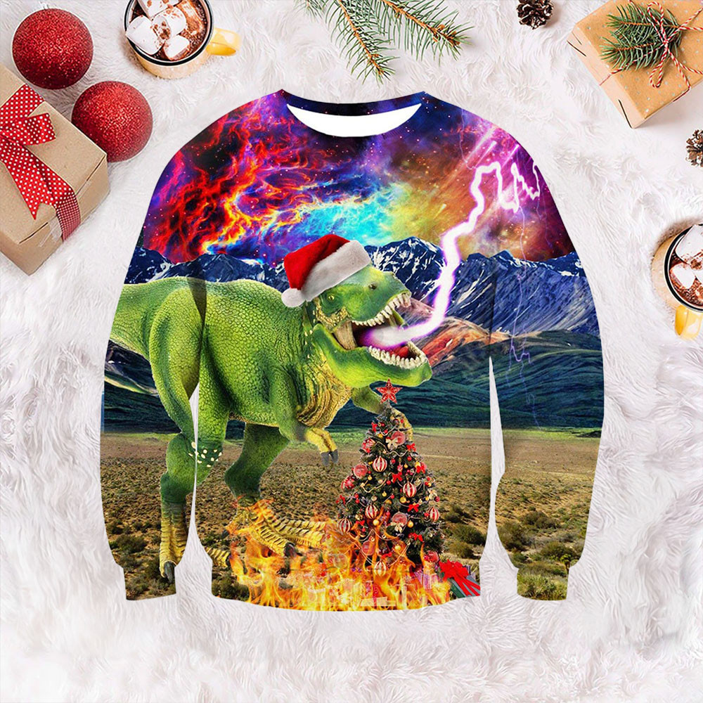 Thunder Dinosaur Ugly Christmas Sweater Christmas Cute Sweater Gift For Dinosaur Lovers
