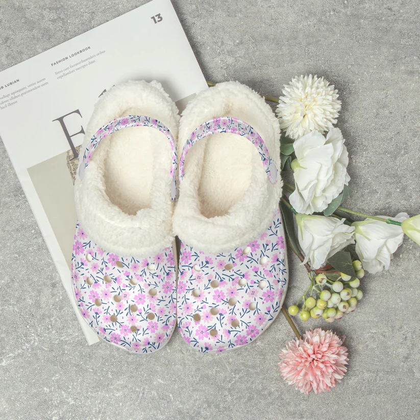Tiny Pink Flower Crocs Crocband Fleece Lined Clogs Shoes Comfortable For Men Women and Kids In Winter