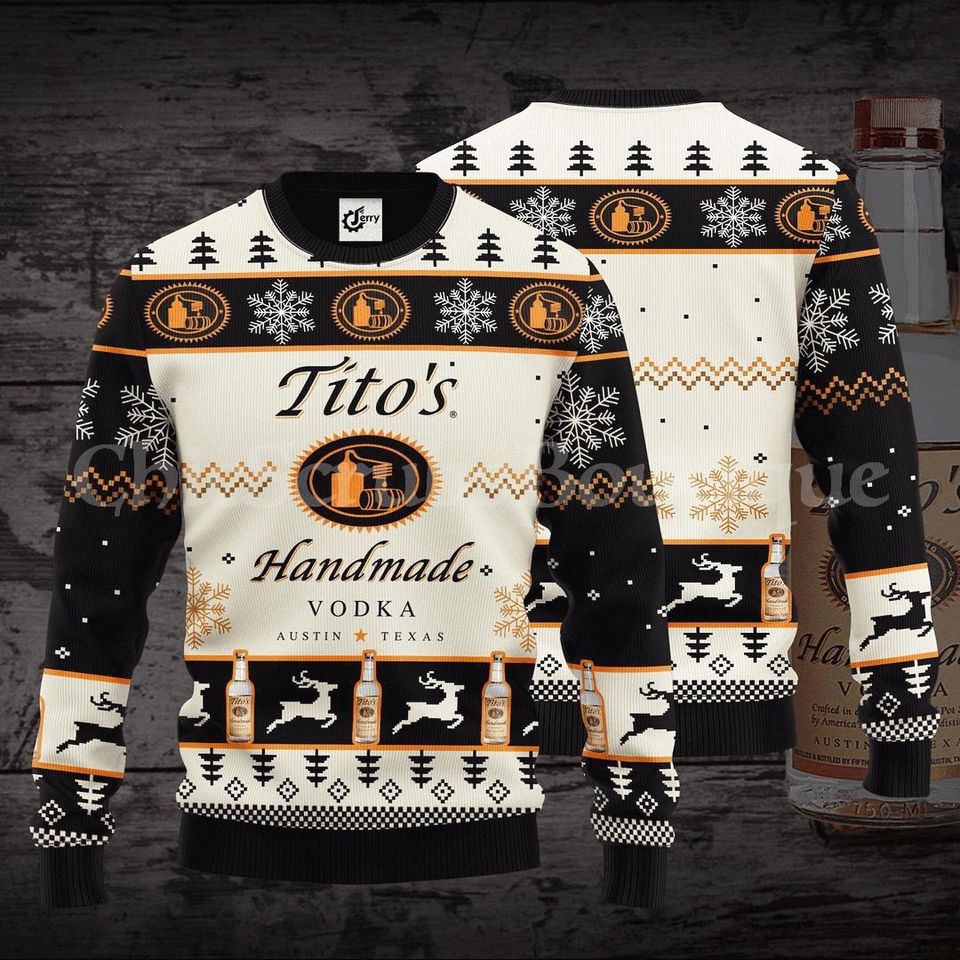 Tito Handmade Christmas Ugly Sweater, Vodka Xmas Sweater, Drinking Party Gift, Christmas Sweater