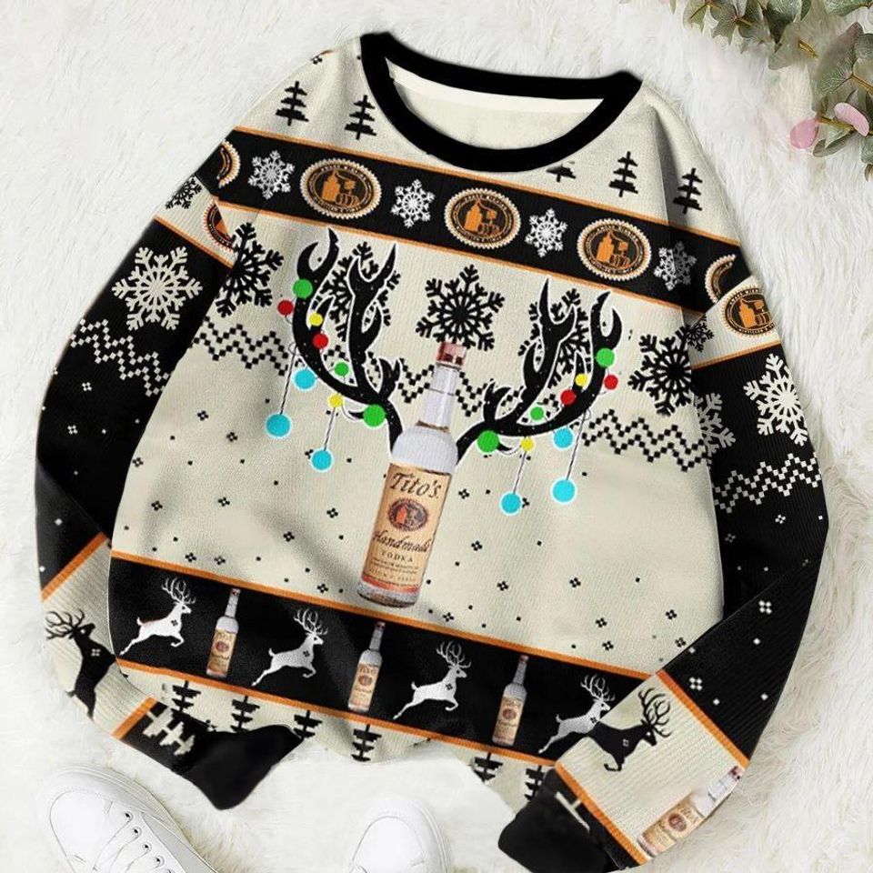 Titos Handmade Reindeer Christmas Ugly Sweater, Alcohol Xmas Sweatshirt