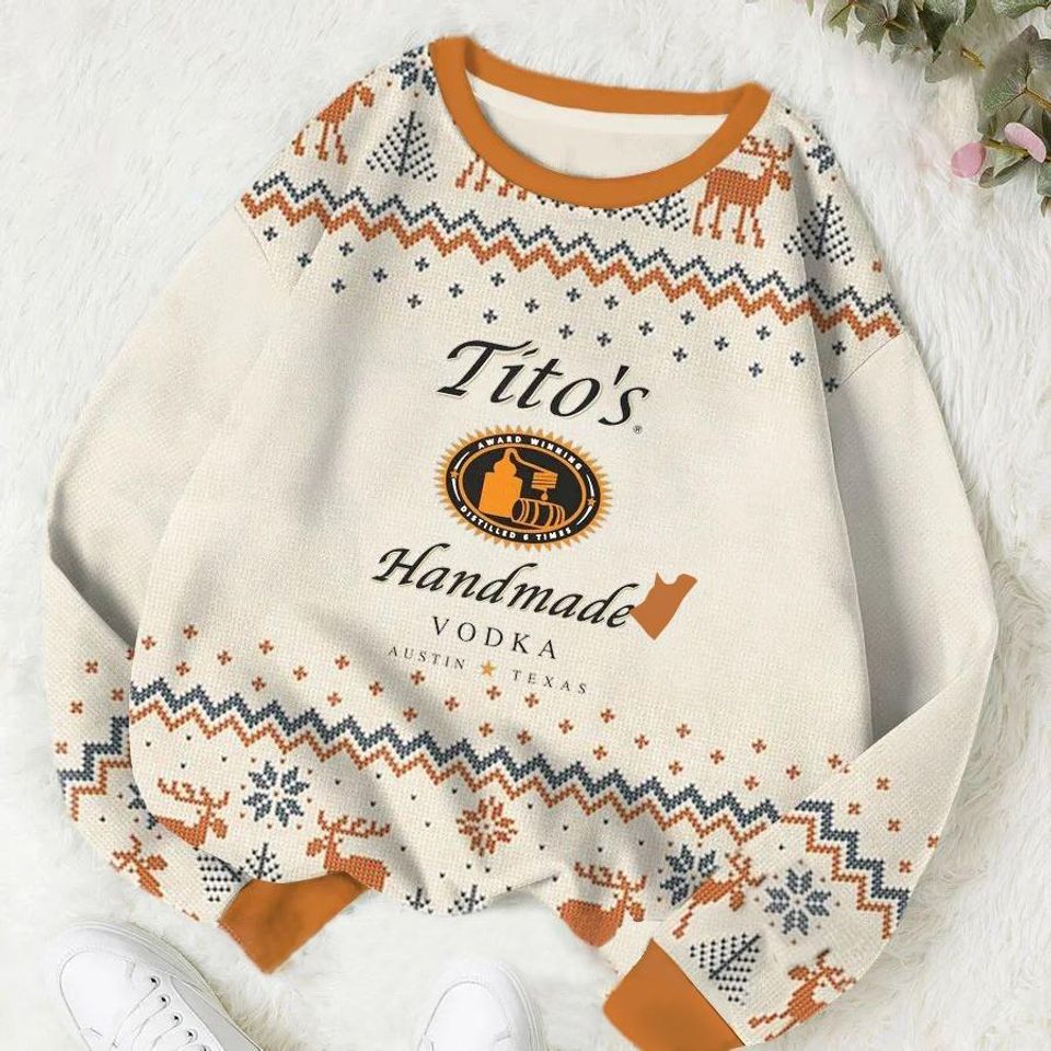 Titos Handmade Vodka Christmas Ugly Sweater, Alcohol Xmas Sweater, Austin Texas Label Sweater