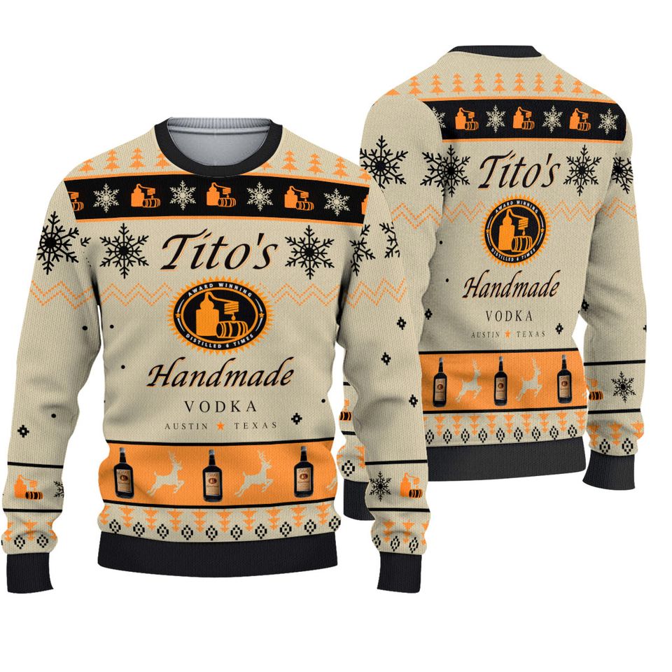 Titos Handmade Vodka Ugly Sweater, Austin Texas Label Christmas Sweater