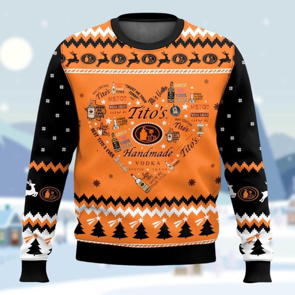Titos Heart Ugly Sweater, Titos Vodka Sweater, Vodka Alcohol Christmas Sweater