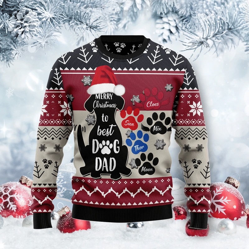 To Best Dog Dad Ugly Christmas Sweater Adult 3D Funny Matching for family