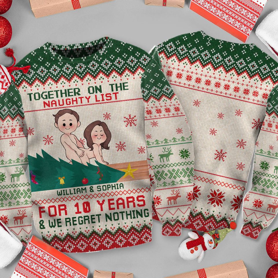 Together On The Naughty List Personalized Couple Ugly Sweater