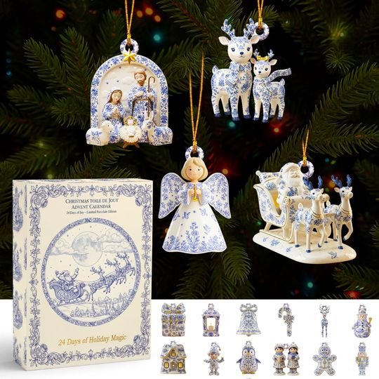 Toile De Jouy Christmas Advent Calendar, Blue & White Ornaments, Vintage Holiday Decor, Countdown Gift - Image 13