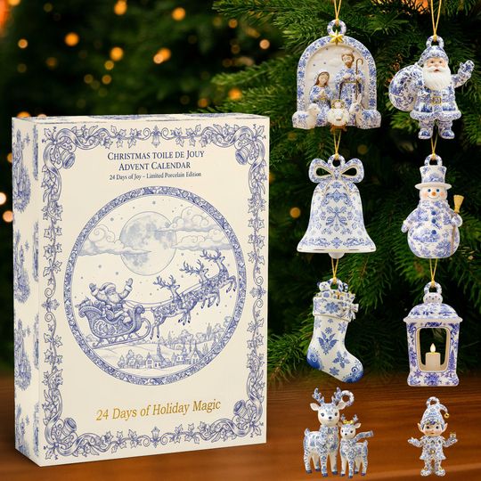 Toile De Jouy Christmas Advent Calendar, Blue & White Ornaments, Vintage Holiday Decor, Countdown Gift - Image 11