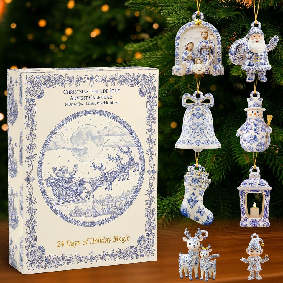 Toile De Jouy Christmas Advent Calendar, Blue & White Ornaments, Vintage Holiday Decor, Countdown Gift