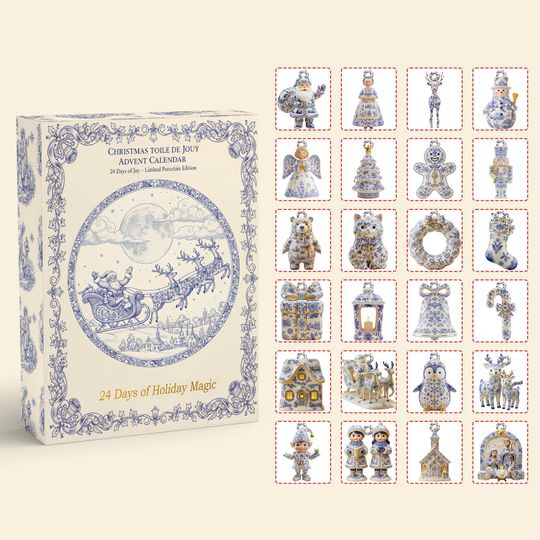 Toile De Jouy Christmas Advent Calendar, Blue & White Ornaments, Vintage Holiday Decor, Countdown Gift - Image 14