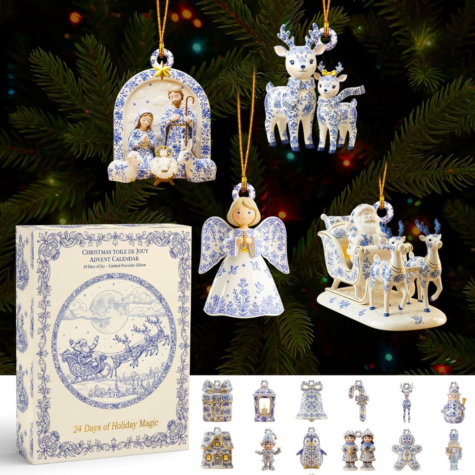 Toile De Jouy Christmas Advent Calendar, Blue & White Ornaments, Vintage Holiday Decor, Countdown Gift - Image 3