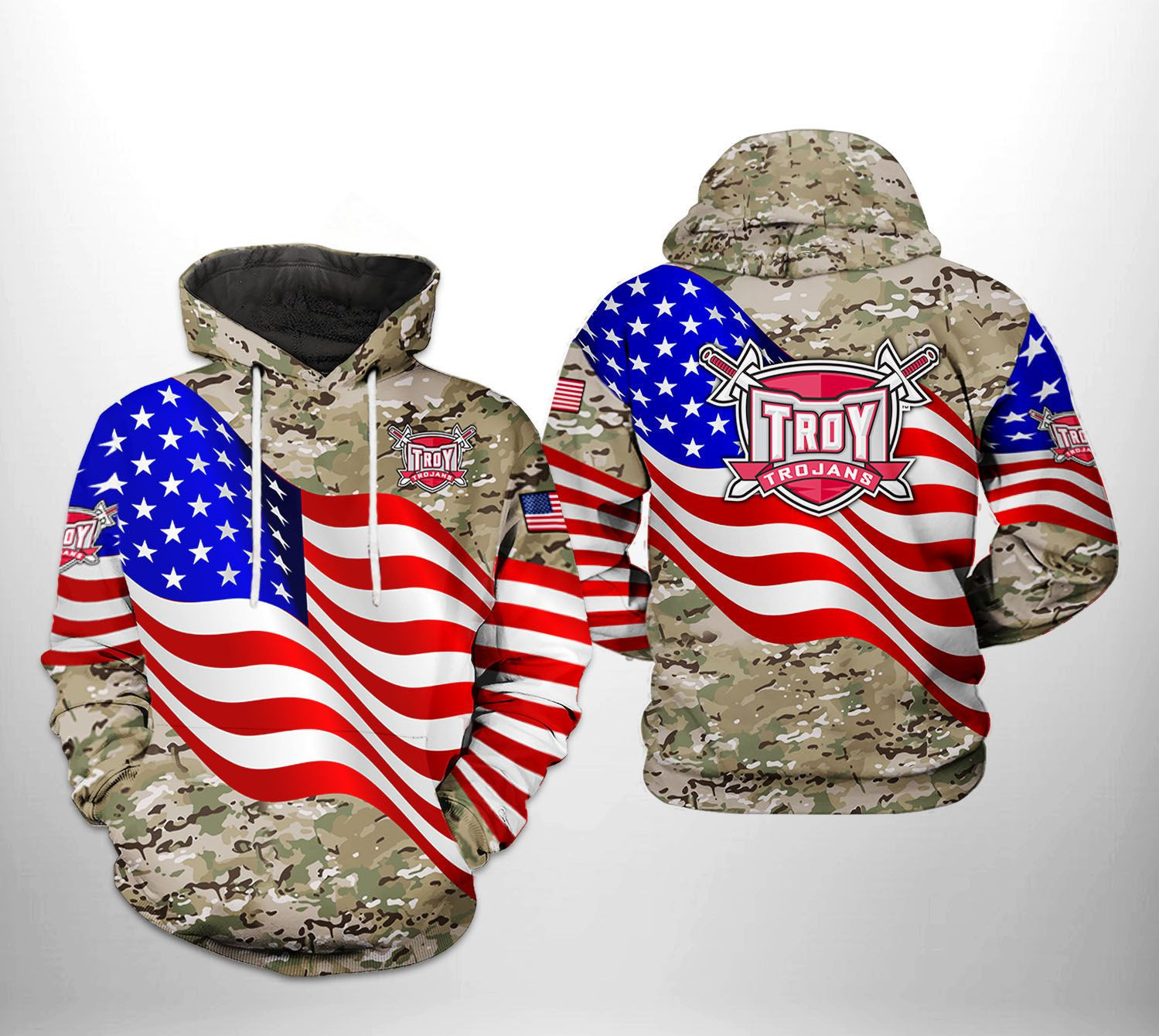 Troy Trojans NCAA US Flag Camo Veteran 3D All Over Print Hoodie, Zip Hoodie