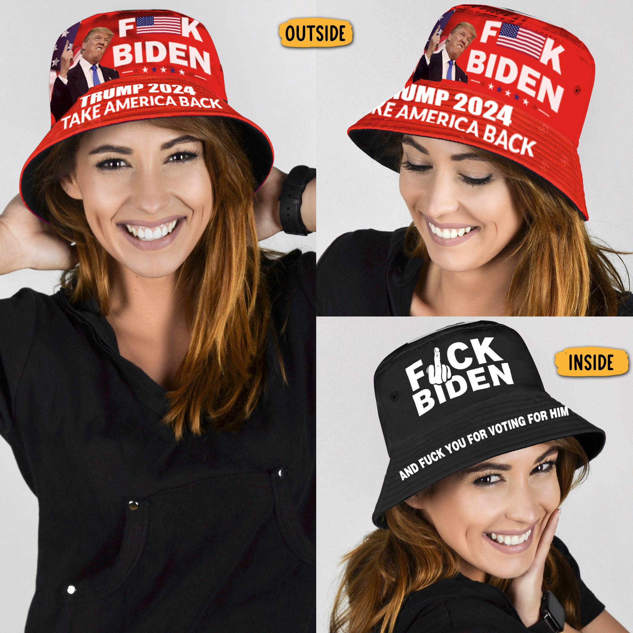 Trump 2024 Take America Back Reversible Bucket Hat Fuck Biden And Fuck You Voting For Him Trucker Hats Custom Hats Gifts For Men & Women