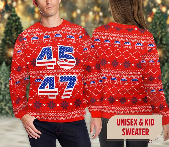 Trump 45 47 Ugly Christmas Sweater, Trump President Xmas Sweatshirt - Image 7