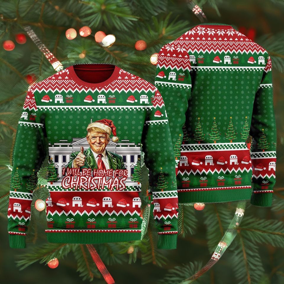 Trump I'll Be Home for Christmas Ugly Sweater, Funny Trump Christmas Sweater - Image 4