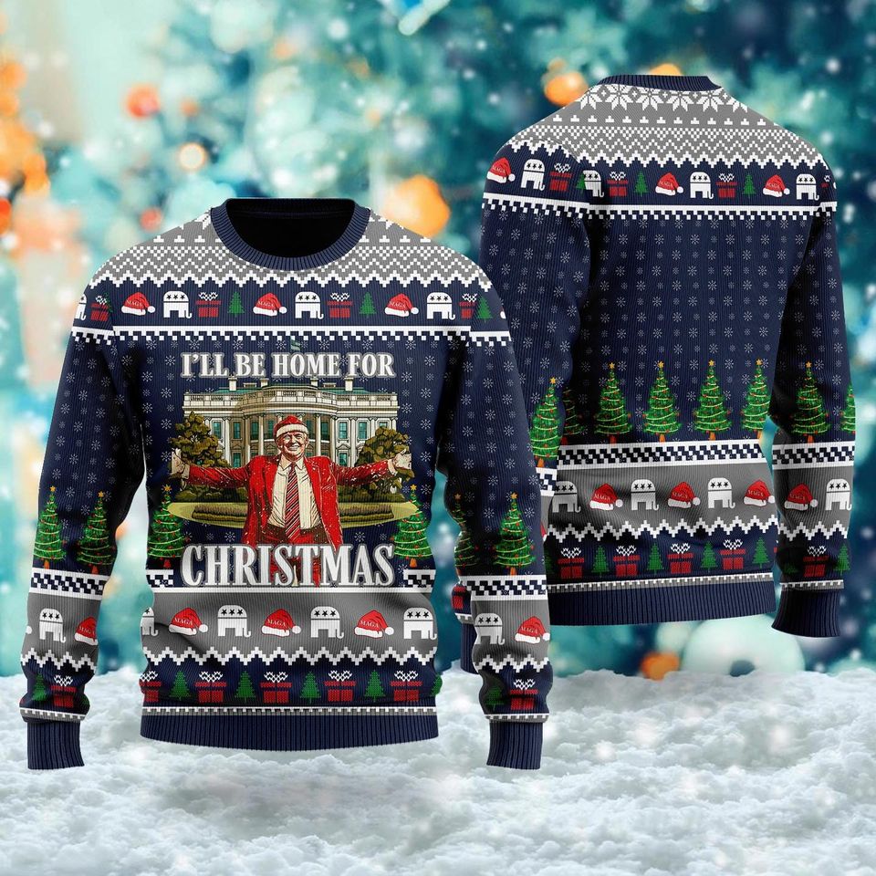Trump I'll Be Home for Christmas Ugly Sweater, Humorous Trump Christmas Sweater - Image 3