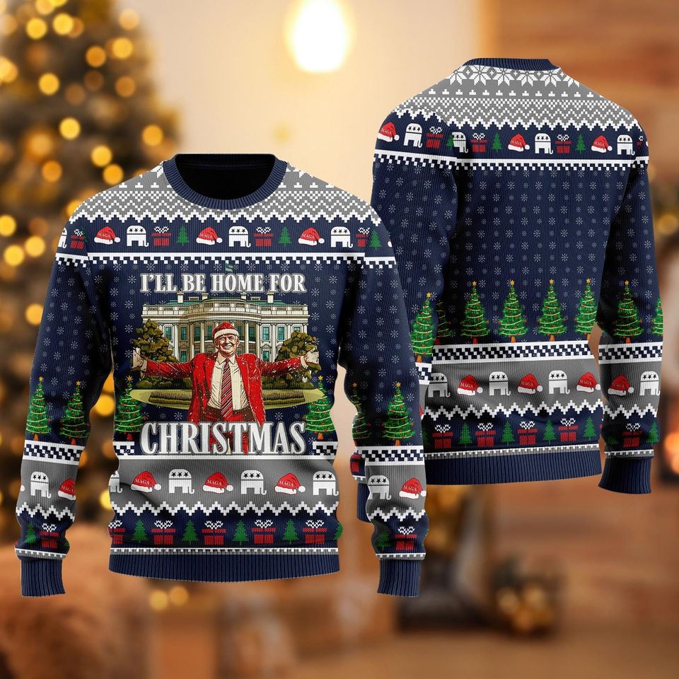 Trump I'll Be Home for Christmas Ugly Sweater, Humorous Trump Christmas Sweater - Image 7