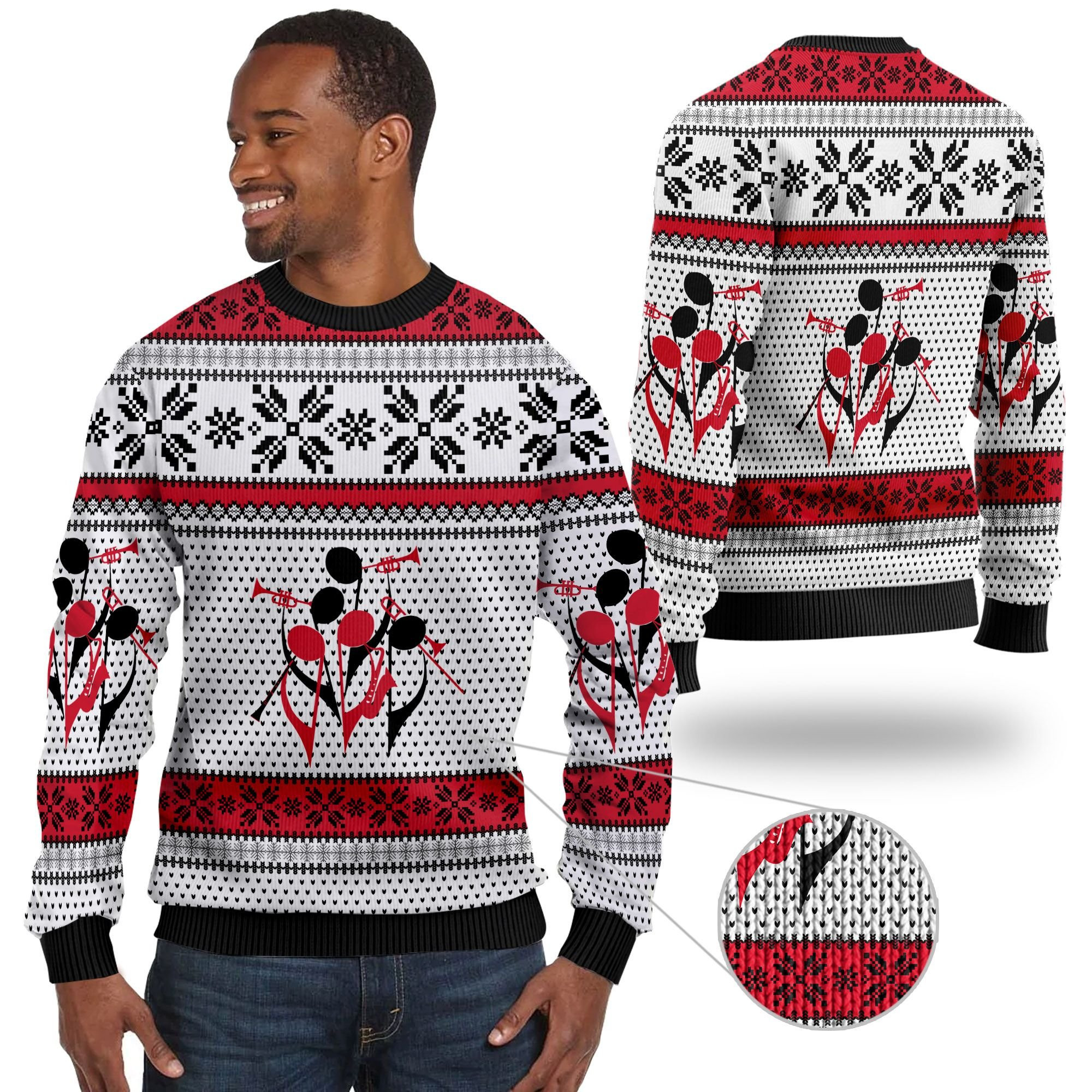 Trumpet With Music Notes For Trumpeters And Instrument Lovers Ugly Christmas Sweater Adult 3D Funny Matching for family