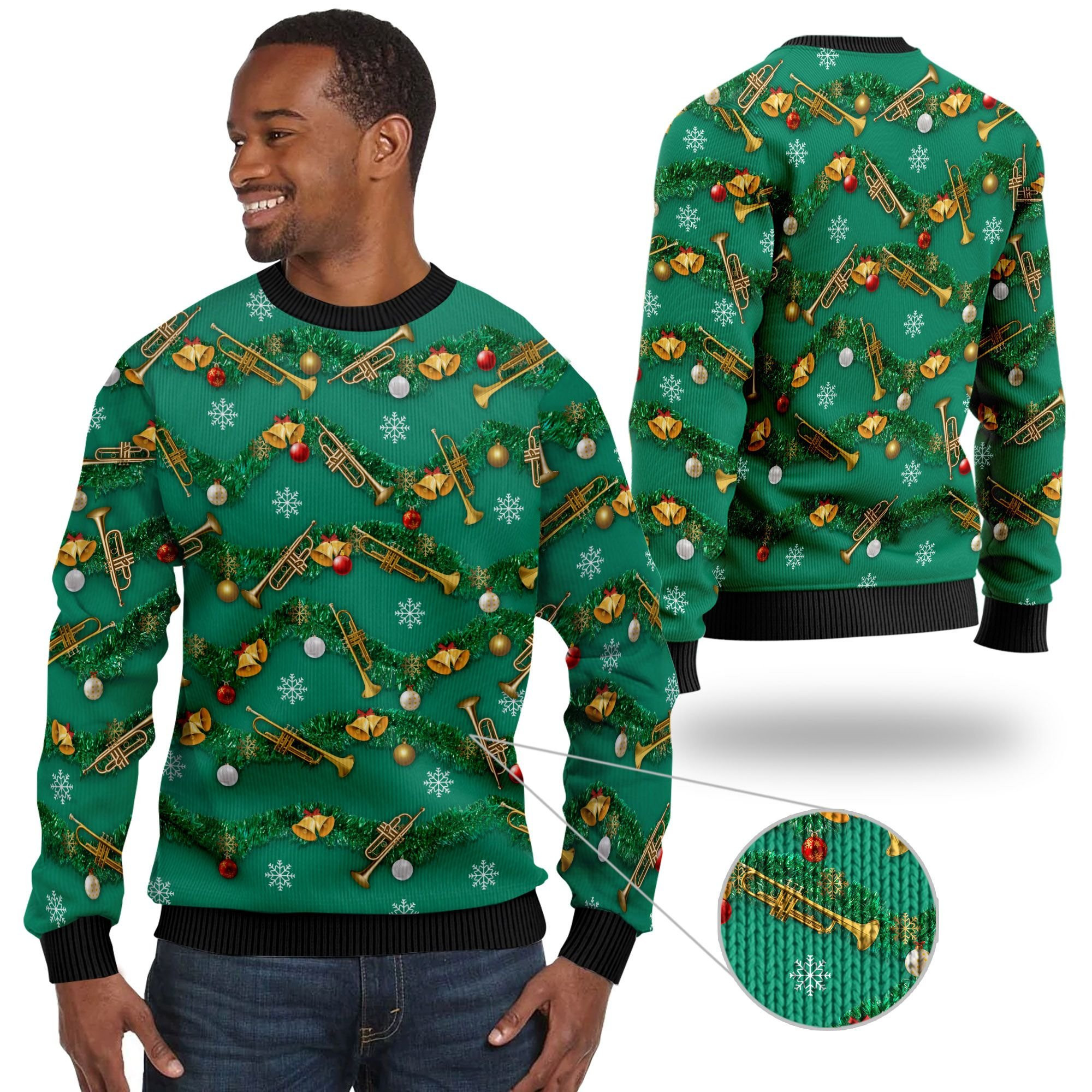 Trumpets Tinsel Christmas Decoration For Trumpeters And Instrument Lovers Ugly Christmas Sweater Adult 3D Funny Matching for family