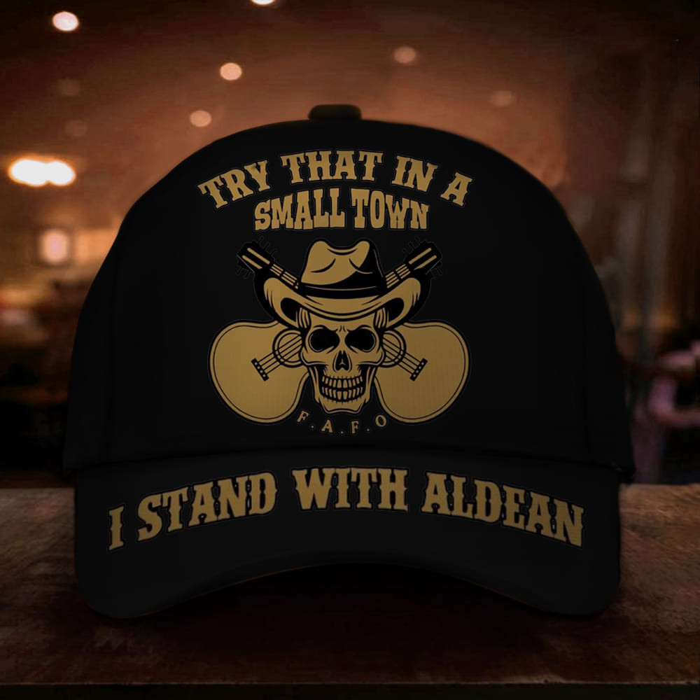 Try That In A Small Town Hat FAFO I Stand With Aldean Skull Cowboy Merch Gifts For Gun Lovers Trucker Hats Custom Hats Gifts For Men & Women