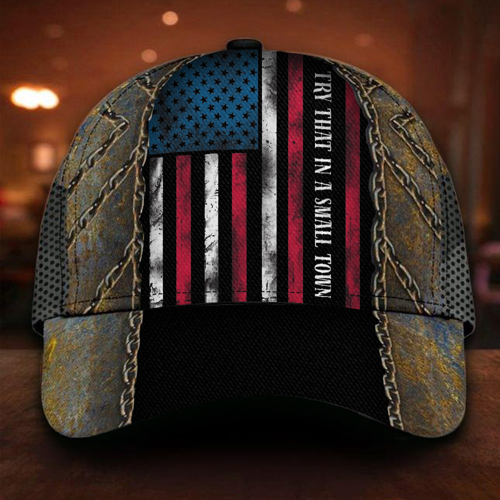 Try That In A Small Town Hat With Old USA Flag I Stand With Aldean Team Country Merch Trucker Hats Custom Hats Gifts For Men & Women